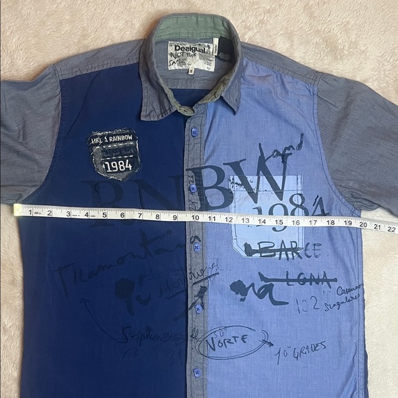 Desigual Graffiti Blue and Grey Men's Button Down Shirt sz S Embroidered Details - Picture 8 of 13